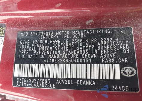 2005 Toyota Camry Le z USA, uszkodzony, nr VIN 4T1BE32K65U400151